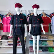 Áo bếp tay ngắn đen viền đỏ