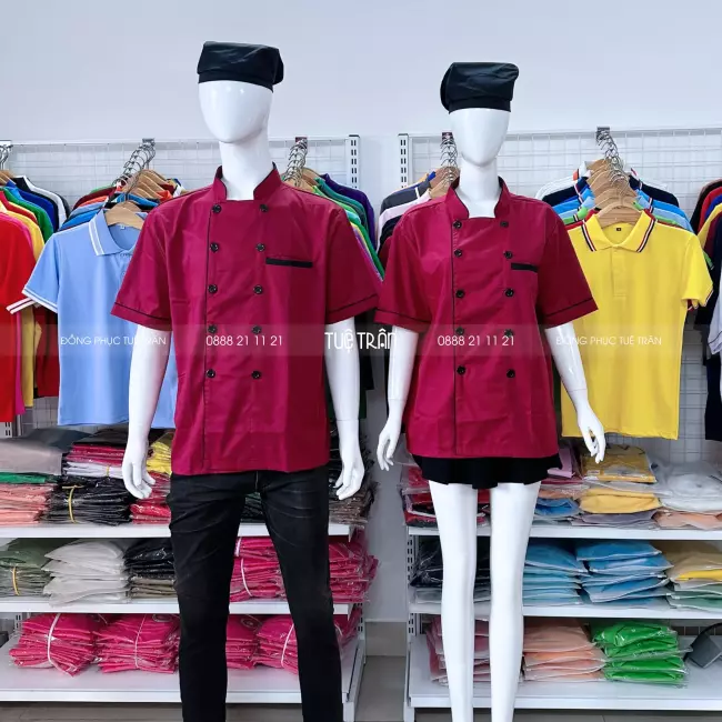 Áo bếp tay ngắn đỏ viền đen